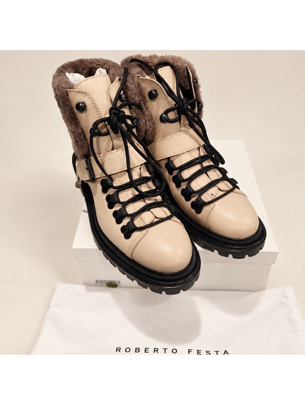 Roberto Festa Beige Leather Shearling Lace-Up Ankle Boot EU 37 US 7 Box Dust Bag